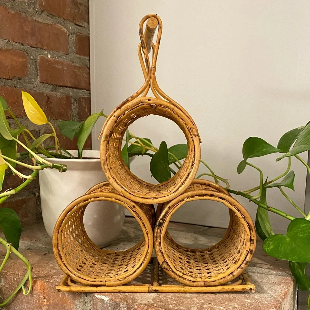 Go rage rattan wicker bamboo wine holder rack with handle holds 3 wine bottles - Picture 4 of 4